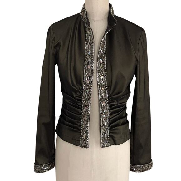 Tadashi Evening Jacket Brown Beaded Trim Ruched Crop Jacket Size 16 - Picture 1 of 15